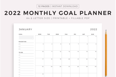 2022 Dated Monthly Goal Planner, Landscape, Printable &amp; Fillable PDF