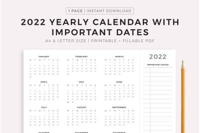 2022 Calendar with Important Dates, Year Calendar on One Page