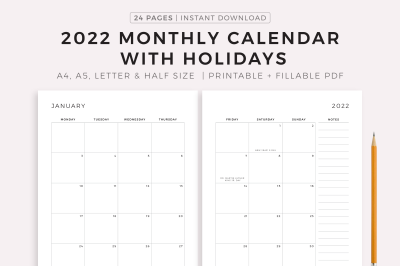 2022 Monthly Calendar with Holidays on 2 Pages, Printable &amp; Fillable