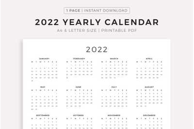 2022 Year Calendar Printable, Landscape, Printable PDF