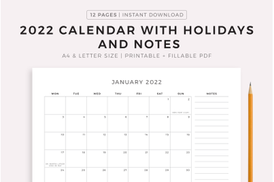 2022 Monthly Calendar with Holidays &amp; Notes, Landscape, Printable