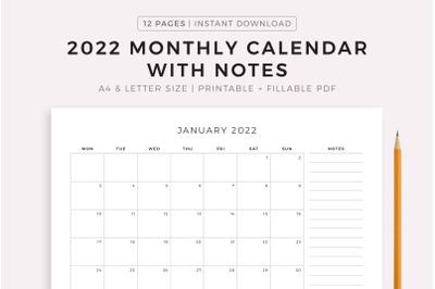 2022 Monthly Calendar with Notes, Landscape, Printable &amp; Fillable
