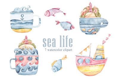 Watercolor sea animals clipart. Cute nursery illustration