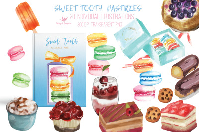 watercolor illustrations: pastries and desserts set of 20