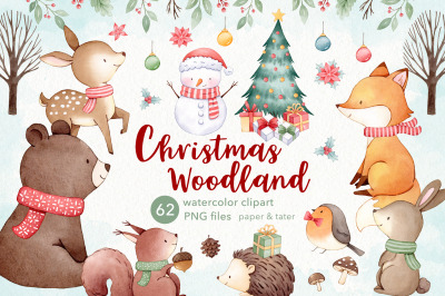 Woodland Christmas Watercolor Clipart, Cute Xmas Animals PNG