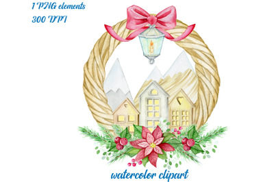 christmas  watercolor wreath. scandinavian village. watercolor clipart