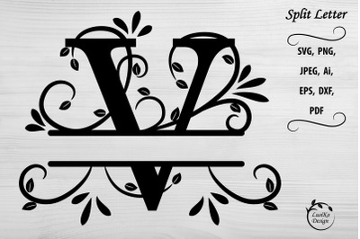 Letter V. Split monogram letter V. Floral alphabet SVG, DXF