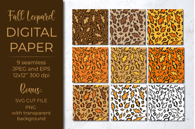 Leopard digital paper. Fall oak leaves leopard print