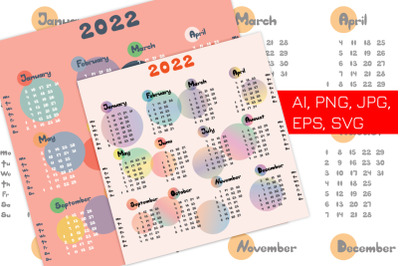 Calendar 2022 design with 2 colorful schemes Bright and jolly calendar