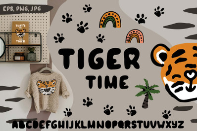Tiger time. Set of cartoon cute vector illustrations letters patterns