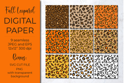 Autumn leopard digital paper. Fall leaves leopard print SVG