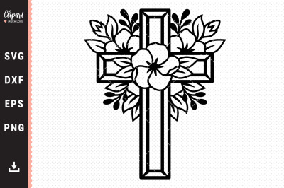Flower Cross SVG, Religious Cross SVG, DXF, PNG, Floral Cross Cut File
