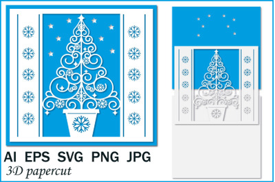 3D postcard&2C; Christmas tree&2C; multi-layered illustration