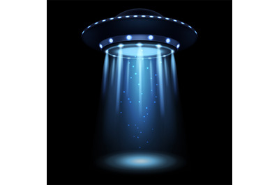 UFO. Realistic alien spaceship with light beam. Futuristic Sci-fi unid