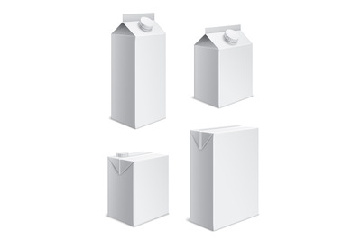 Boxes milk and juice. Realistic white cardboard packaging for beverage