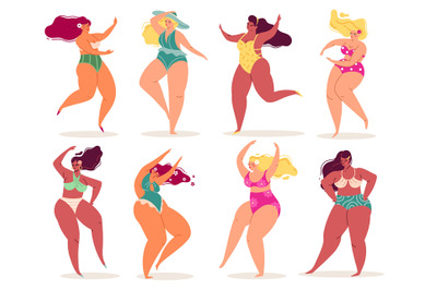 Body positive women in swimsuits. Big girls in beach clothes pretty sm