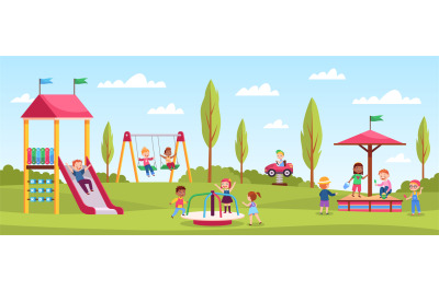 Children playground playing. Happy girls and boys play playing area, o