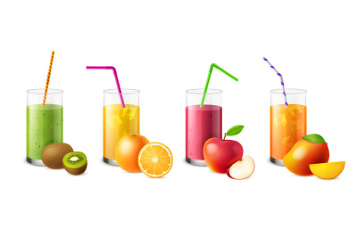 Fruit smoothies. Realistic glasses with juices and beverages, tropical