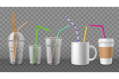 Cups with straws. Realistic disposable mugs. 3D ceramic and cardboard