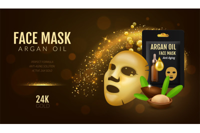 Cosmetics facial mask. Realistic 3D beauty golden face cover with arga