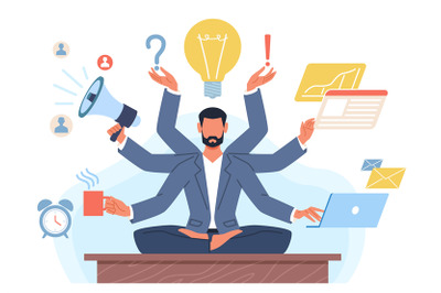 Multitasking man. Businessman with many hands in lotus position solves