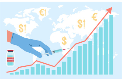 Vaccine economy. Hand in medical glove holding syringe on world map ba