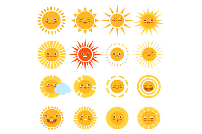 Sun characters. Cute happy summer weather icons, childish sunny emotio