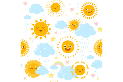 Sun seamless pattern. Baby print with weathers happy or sad smiles. Ra