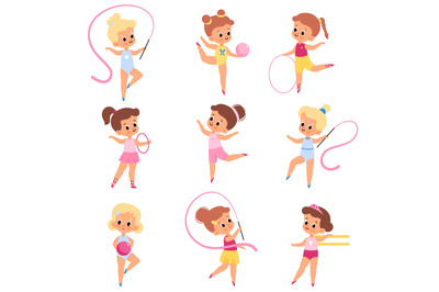 Girls gymnastics. Little athletes in different poses, kids make aerobi