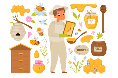 Apiary honey. Cartoon beekeeper. Man takes care of bees producing orga