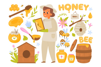 Bee products. Organic honey, healthy sweets, beekeeper woman collects