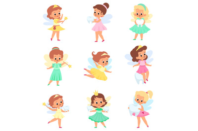 Little tooth fairy. Kids sorceress characters, small cute elf girl wit