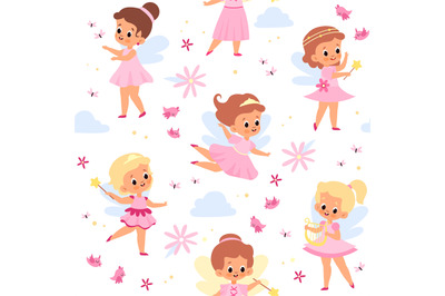 Fairies seamless pattern. Cute winged girls. Young flying sorceresses.