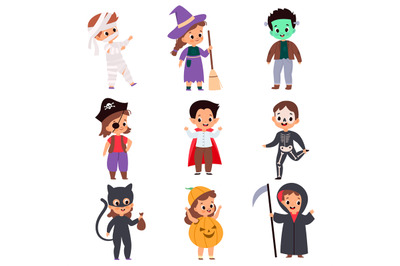 Trick or treating kids. Cartoon boys and girls in festival costumes. H