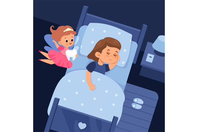 Tooth fairy and sleeping child. Cartoon girl in bed and cute flying so