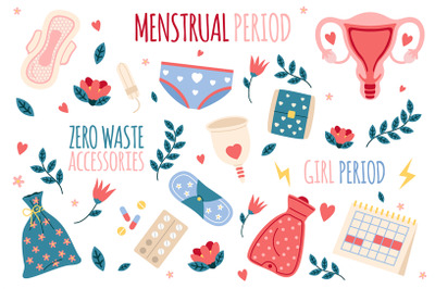 Menstruation hygiene. Feminine period cartoon elements. Zero waste eco