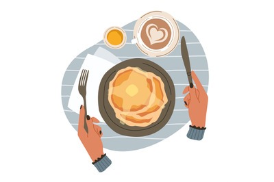 Breakfast and hands. Top view of morning meals. Cartoon person eats br