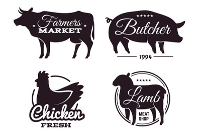 Butchery shop labels with domestic animals silhouettes. Meat store emb