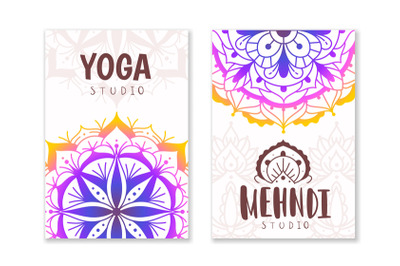 Yoga studio cards. Indian practices banner with oriental mandala patte