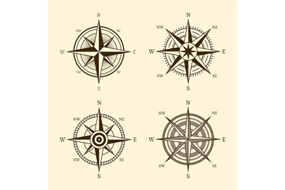 Compass icons. Hand drawn wind rose vintage style. West east and south