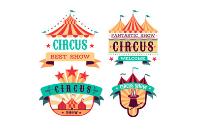 Emblems Circus show. Retro festival signboards. Carnival invitational