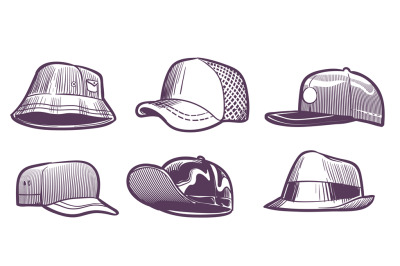 Fashion hats sketch. Headdress design for men. Baseball caps with viso