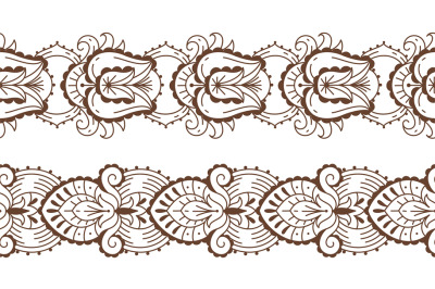 Floral laces mehndi. Henna tattoo. Oriental seamless borders with natu