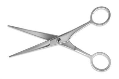 Scissors realistic. Silver metallic shears. Classic 3D cutting hairdre