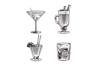 Sketch cocktails alcohol drinks. Hand drawn cold beverages in differen