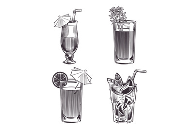 Sketch cocktails. Hand drawn alcohol drinks. Cold beverages set. Black