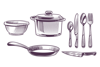 Utensils kitchen. Cooking metal chef equipment sketch style collection