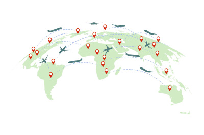 Air service. Earth map with continents&2C; international plane flight&2C; ai