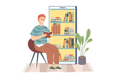 Electronic library. Young man sitting and reading digital book, booksh