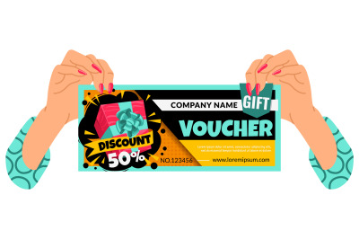 Gift voucher. Woman hands hold promotion certificate with wrapped box,